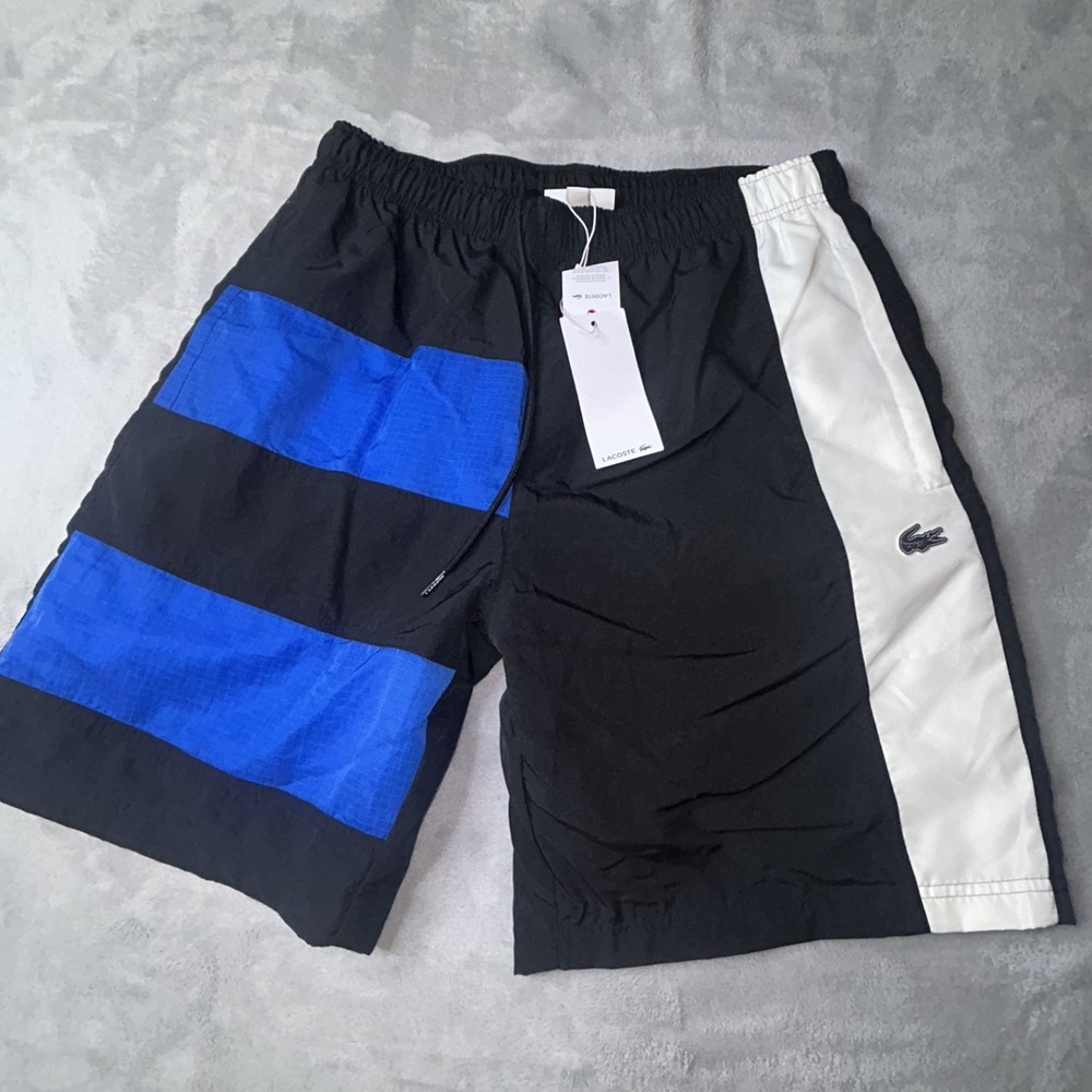 Lacoste Men's Colorblock Relaxed tennis  Swim Shorts Black Blue White $140 New M